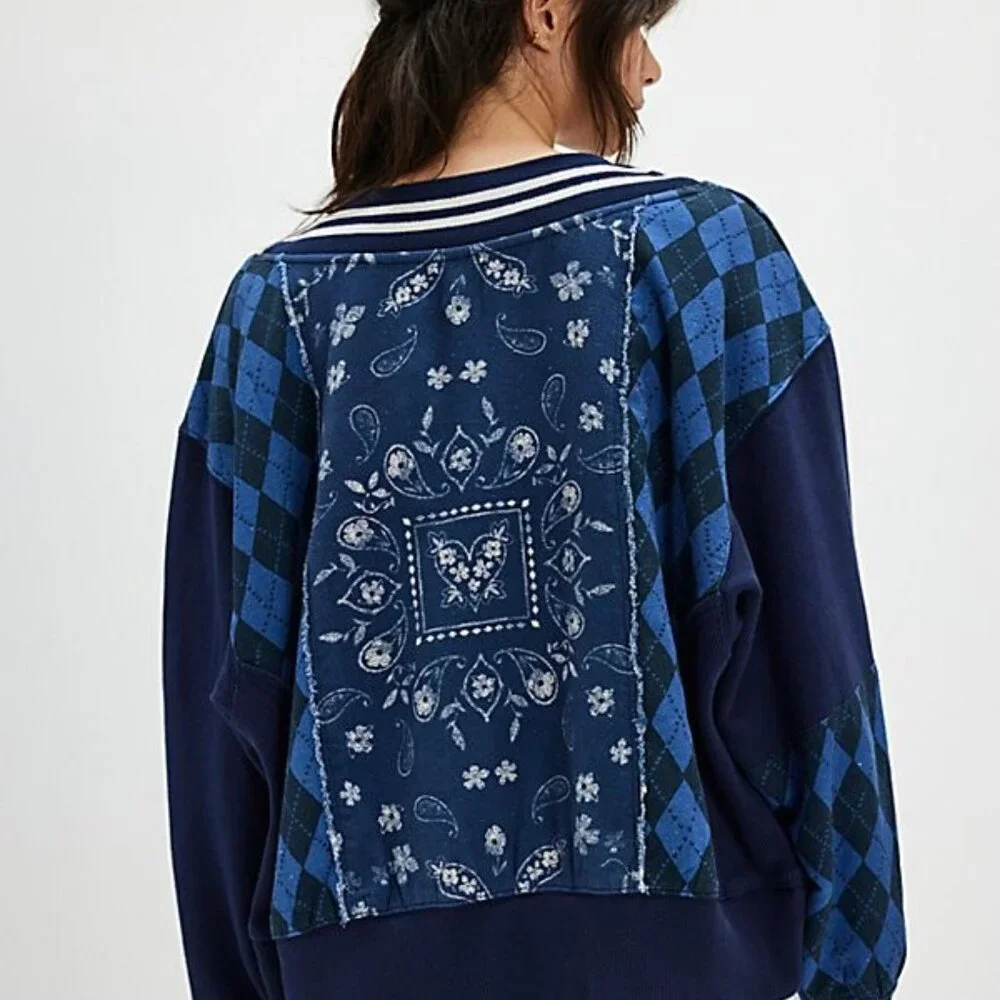 NWT Free People sz XS Lucy Sweatshirt Top  Argyle/Bandana - Picture 2 of 3